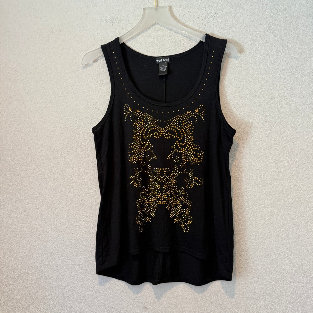 Wet Seal Womens XL Black Gold Studded Graphic Tank Top Scoop Neck Sleeveless